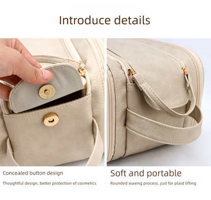 Luxury Camel Colour Large Capacity Makeup Bag – 3-Layer Double Zipper Travel Toiletry Organizer with Waterproof TPU Brush Holders