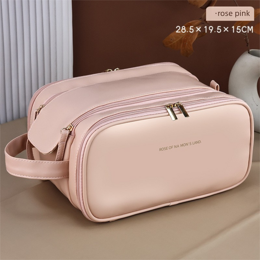 Large Pink PU Leather Makeup Bag Dual Zipper Cosmetic Travel Case Waterproof Toiletry Organiser with Brush Compartment