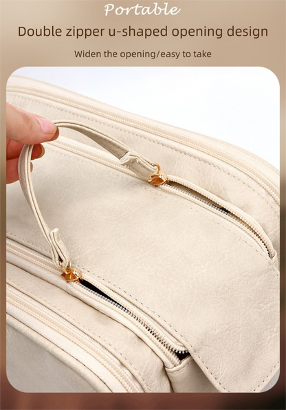 Large Pink PU Leather Makeup Bag Dual Zipper Cosmetic Travel Case Waterproof Toiletry Organiser with Brush Compartment