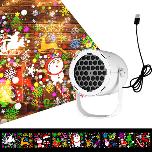 White Christmas LED Projector Light Portable USB Holiday Atmosphere Lamp with 360 Degree Rotating Stand for Indoor Home and Party Decoration Santa Snowman Patterns