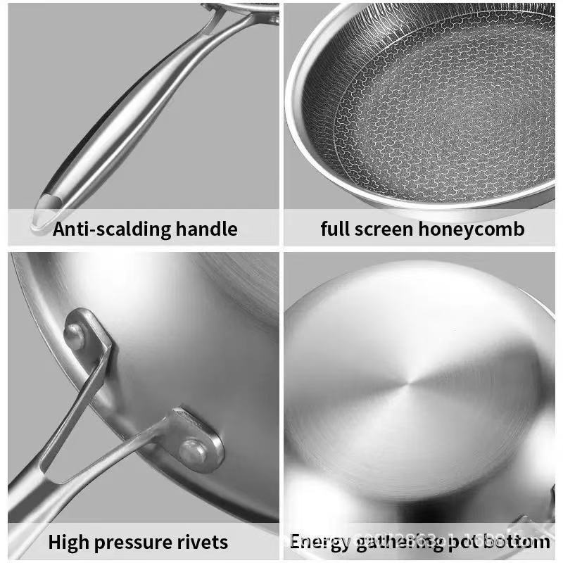 Stainless Steel Non-Stick Frying Pan 26CM Honeycomb Wok Skillet with Lid Induction Compatible Cookware Silver