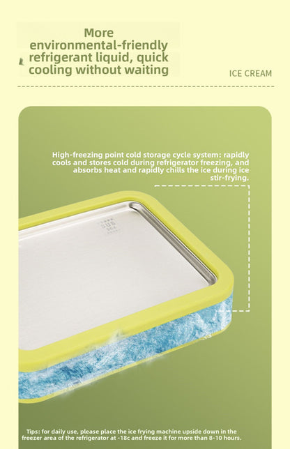 Green DIY Rolled Ice Cream Maker Pan Instant Frozen Yoghurt & Sorbet Tray 304 Stainless Steel No Electricity Required with Spatulas