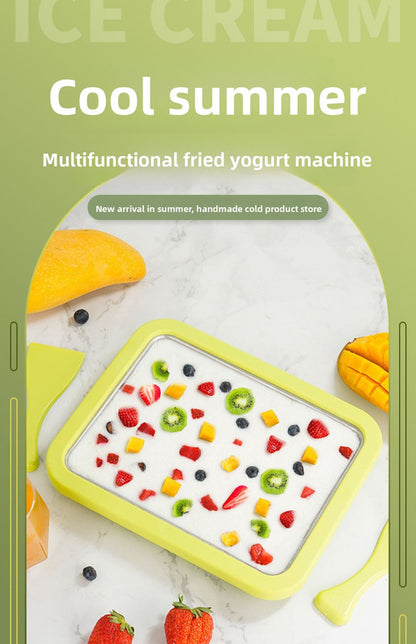 White DIY Rolled Ice Cream Maker Pan Instant Frozen Yoghurt & Sorbet Tray 304 Stainless Steel No Electricity Required with Spatulas