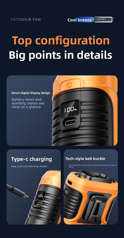 Waist Clip Fan 6000mAh Rechargeable Portable Personal Fan with Dual Outlet 13500RPM High Speed Airflow for Outdoor Work Orange