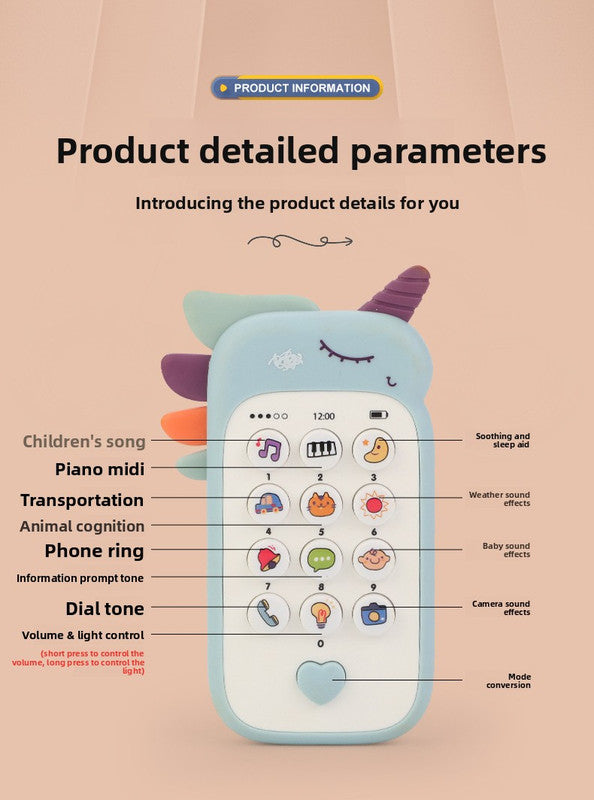 Unicorn Baby Toy Phone Music & Light Learning Mobile Teether for Toddlers Interactive English Educational Gift Pink