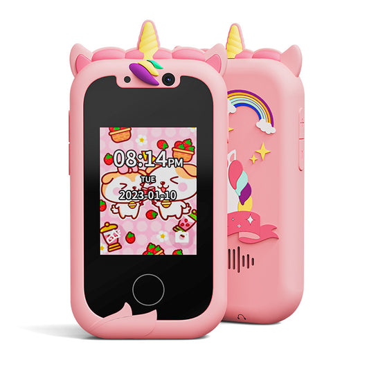 Kids Unicorn Smart Phone Toy with Dual Camera and IPS Touch Screen Educational Games MP3 Music Player 512MB Card Included Pink Silicone Case Ideal for Girls Gift