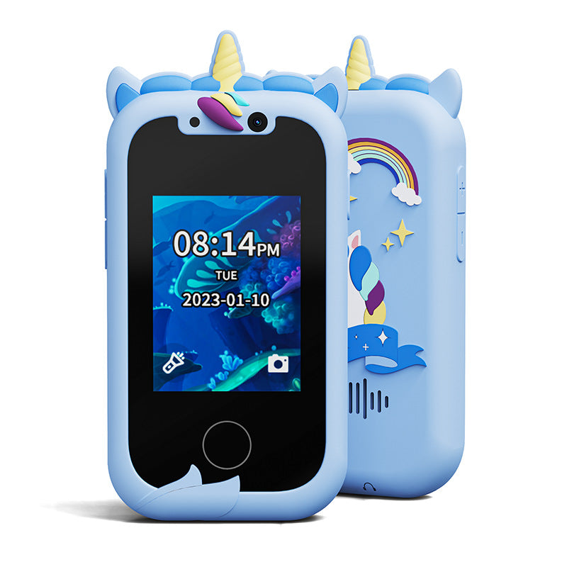Kids Unicorn Smart Phone Toy with Dual Camera and IPS Touch Screen Educational Games MP3 Music Player 512MB Card Included Blue Silicone Case Ideal for Girls Gift