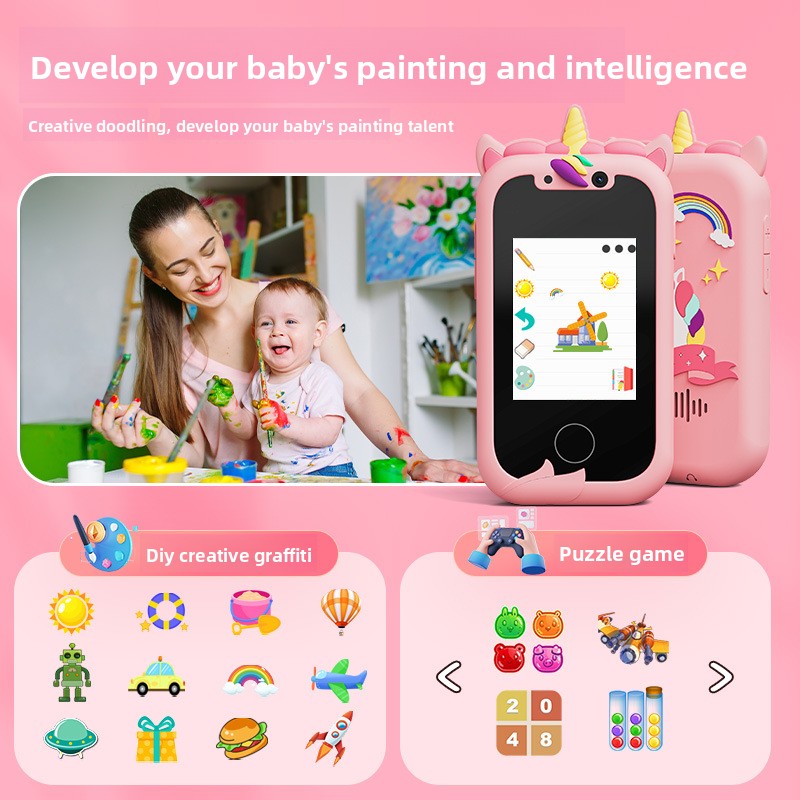 Kids Smart Phone Toy with Dual Camera and IPS Touch Screen Green Dinosaur Silicone Case Educational Games MP3 Music Player 512MB Card Included Ideal Gift for Boys