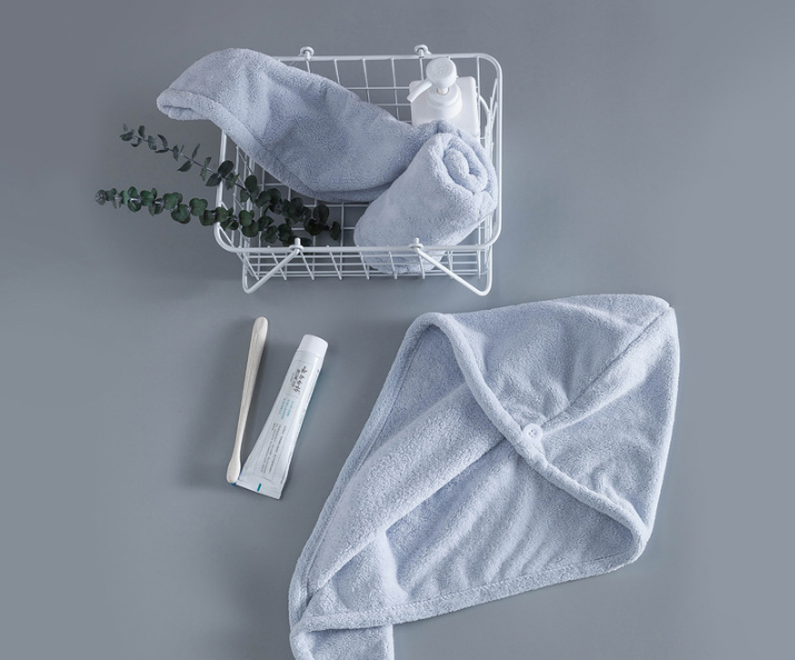 Soft Microfibre Hair Drying Towel Wrap - Super Absorbent Coral Fleece Turban with Secure Button - Quick Dry Bath Head Cap for Wet Hair & Spa - Light blue