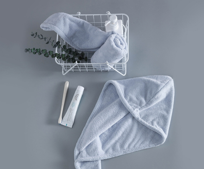 Soft Microfibre Hair Drying Towel Wrap - Super Absorbent Coral Fleece Turban with Secure Button - Quick Dry Bath Head Cap for Wet Hair & Spa - Light blue