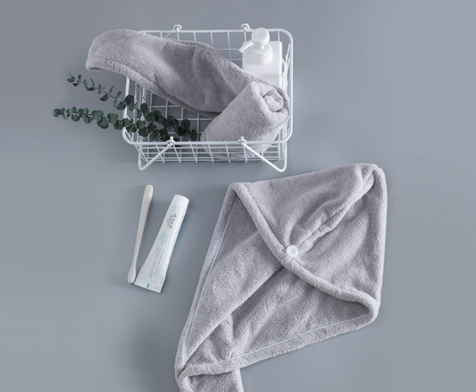 Soft Microfibre Hair Drying Towel Wrap - Super Absorbent Coral Fleece Turban with Secure Button - Quick Dry Bath Head Cap for Wet Hair & Spa - Light gray