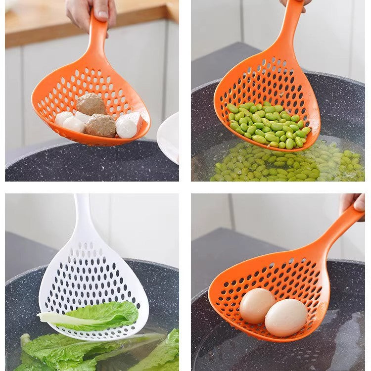 2 Pack Large Skimmer Slotted Spoon Colander Scoop - Long Handle Heat Resistant Food Strainer for Pasta, Noodles & Dumplings - White & Orange