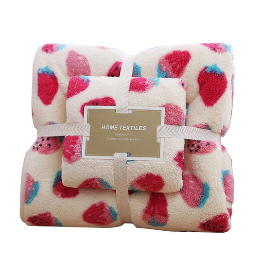 2 Pack Strawberry Coral Fleece Bath Towel Set - Ultra Soft Absorbent Microfibre Bathroom Towels with Hanging Loop - 70x140cm & 35x75cm