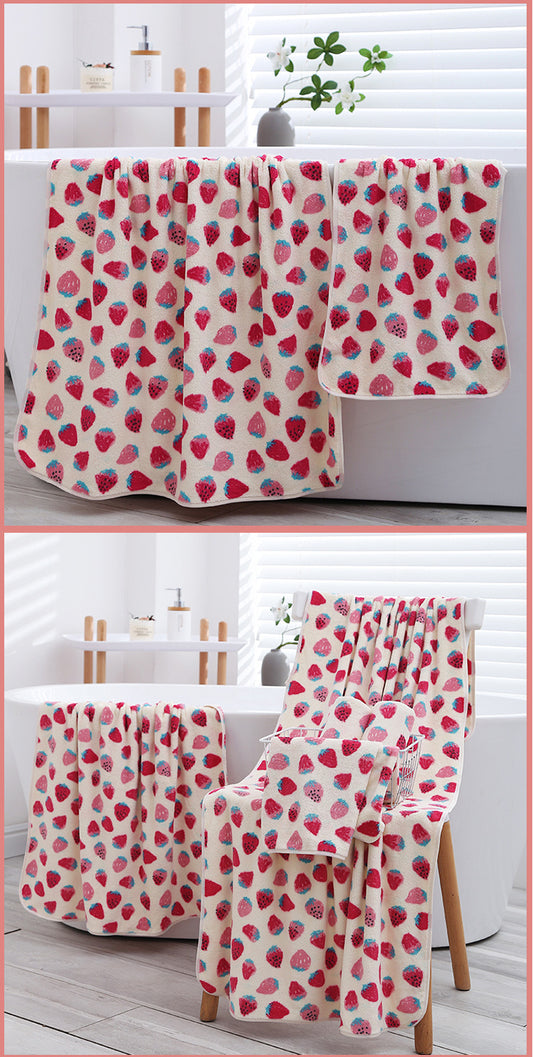 2 Pack Strawberry Coral Fleece Bath Towel Set - Ultra Soft Absorbent Microfibre Bathroom Towels with Hanging Loop - 70x140cm & 35x75cm
