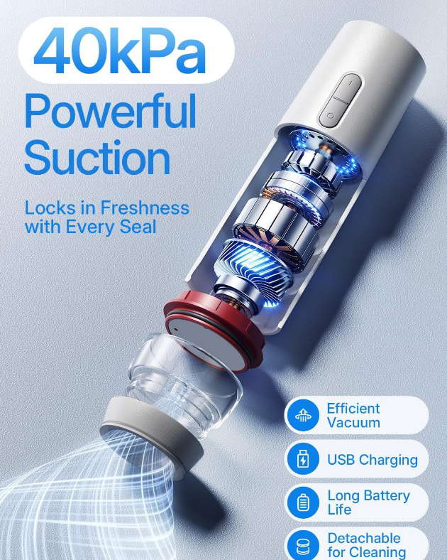 Portable Handheld Vacuum Sealer - Wireless Rechargeable Food Saver Pump - Compact Electric Kitchen Gadget for Meal Prep & Sous Vide - Black