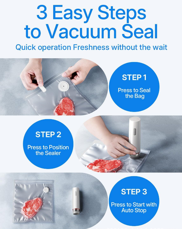 Portable Handheld Vacuum Sealer - Wireless Rechargeable Food Saver Pump - Compact Electric Kitchen Gadget for Meal Prep & Sous Vide - White