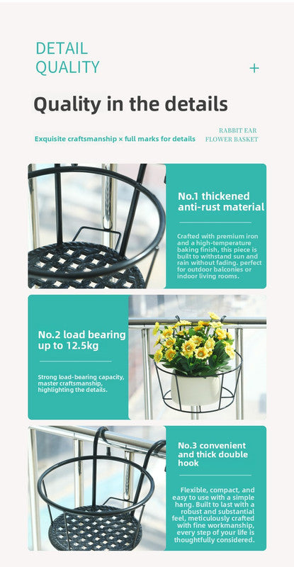 Hanging Flower Pot Holder Metal Balcony Railing Planter Basket Round Iron Rack with Mesh Bottom Fits up to 6cm Rail for Fence & Patio Brown