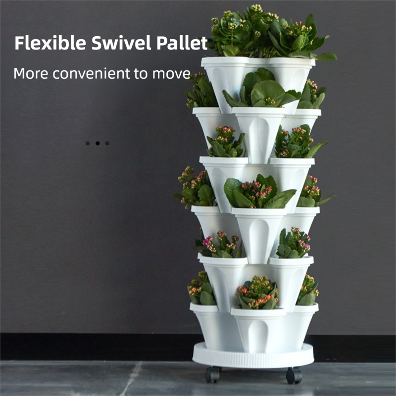 White 3-Tier Stackable Strawberry & Vegetable Planter with Mobile Wheel Tray - Space-Saving Vertical Gardening System