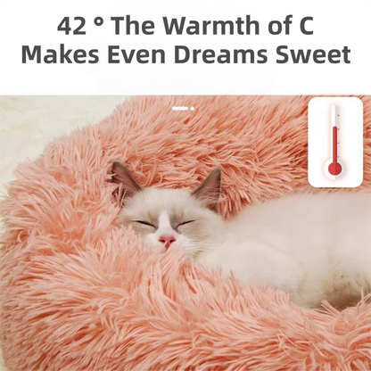 Pink Cozy Donut Long Plush Cat & Dog Calming Bed(Diameter 50cm) - Double-Layer PP Cotton Filling Warming Pet Bed with Anti-Slip Base & Free Blanket