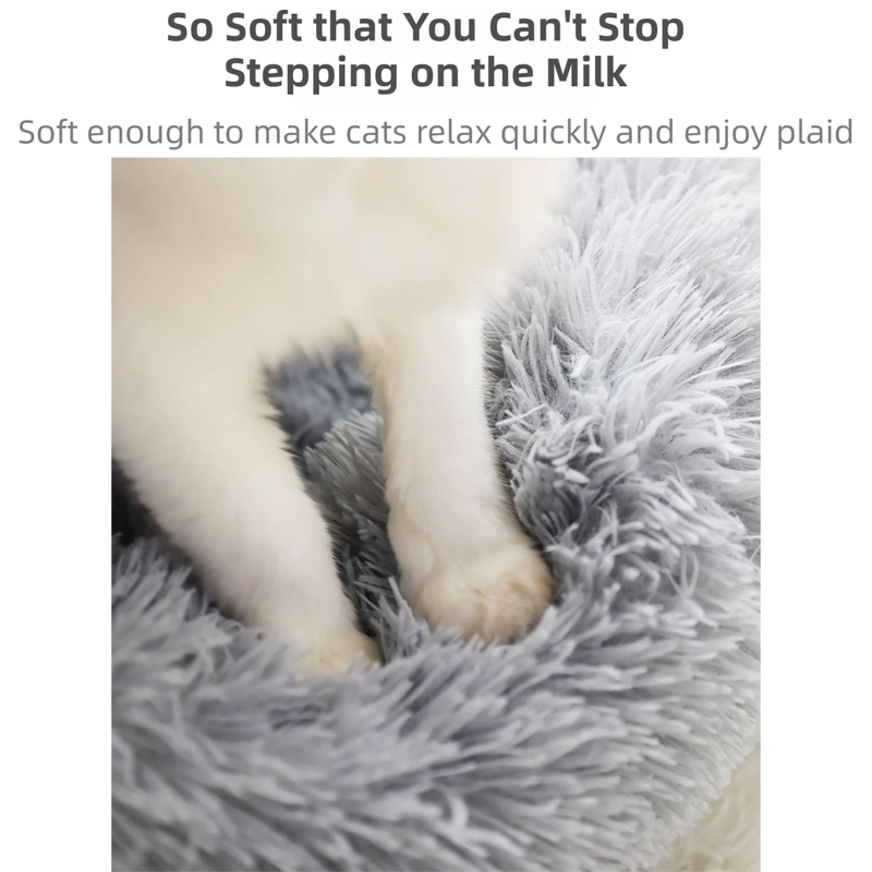 Rainbow Colors Cozy Donut Long Plush Cat & Dog Calming Bed(Diameter 50cm) - Double-Layer PP Cotton Filling Warming Pet Bed with Anti-Slip Base & Free Blanket