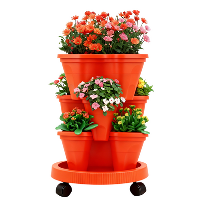 Red 3-Tier Stackable Strawberry & Vegetable Planter with Mobile Wheel Tray - Space-Saving Vertical Gardening System
