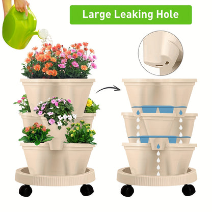 Purple 3-Tier Stackable Strawberry & Vegetable Planter with Mobile Wheel Tray - Space-Saving Vertical Gardening System
