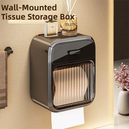 Latte No-Drill Wall Mounted Toilet Paper Holder with Storage Shelf and Drawer - Waterproof Bathroom Tissue Dispenser for Roll & Face Tissue