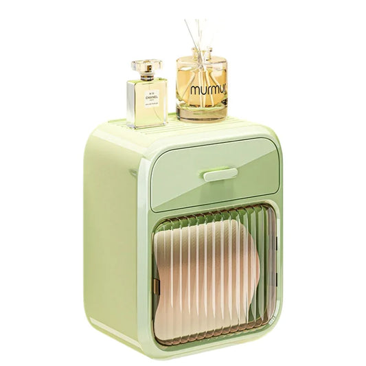 Mint Green No-Drill Wall Mounted Toilet Paper Holder with Storage Shelf and Drawer - Waterproof Bathroom Tissue Dispenser for Roll & Face Tissue