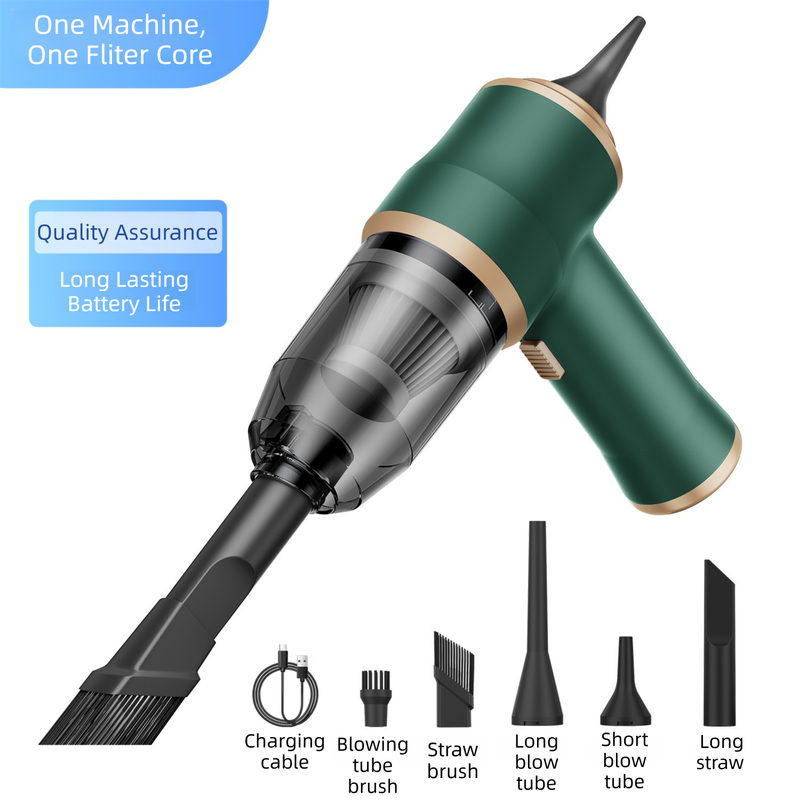 4-in1 Green Wireless Compact Handheld Car Vacuum Cleaner & Air Duster  with 5 Nozzles/Brushes- 5300 Pa High Power Blower/Suction Tool for Auto, Home & Office