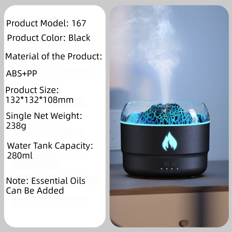 167 Black Simulation Volcano Diffuser & Humidifier - Smart Timer Ultrasonic Mister with Volcano Lava Crack Shell and Colorful Light
