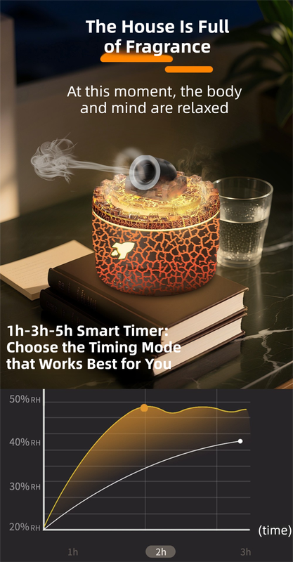 167 Black Simulation Volcano Diffuser & Humidifier - Smart Timer Ultrasonic Mister with Volcano Lava Crack Shell and Colorful Light