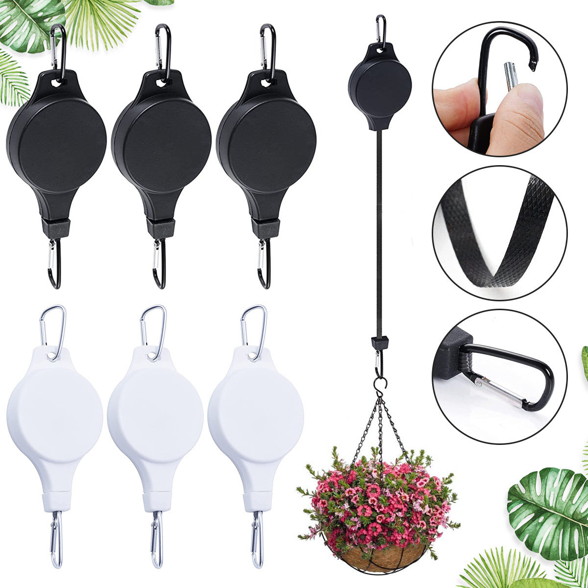 3PCS Black + 3PCS White Retractable Hanging Basket Pulley System & 6PCS Heavy Duty Stainless Steel S-Hooks Combo - Garden Plant Hanger(Max Load 5KG)