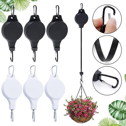 3PCS Black + 3PCS White Retractable Hanging Basket Pulley System & 6PCS Heavy Duty Stainless Steel S-Hooks Combo - Garden Plant Hanger(Max Load 5KG)