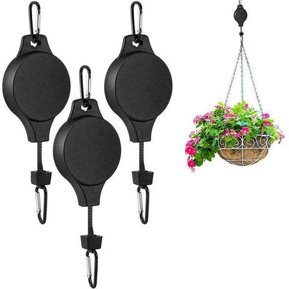3PCS Black Retractable Hanging Basket Pulley System & 3PCS Heavy Duty Stainless Steel S-Hooks Combo - Garden Plant Hanger(Max Load 5KG)