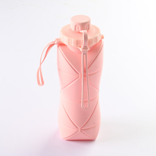 Pink Portable Food Grade Silicone Collapsible Sports Water Bottle 600ML - Folding down 80% , Low High Temperature Resistant