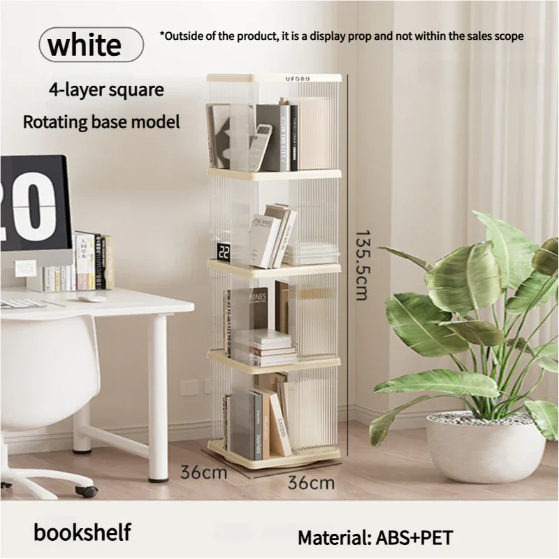 Rotating storage bookshelf square four layers- Cream White Multi-Layer Storage Rack, 36x36x135.5cm (ABS+PET) - Mekamart Australia