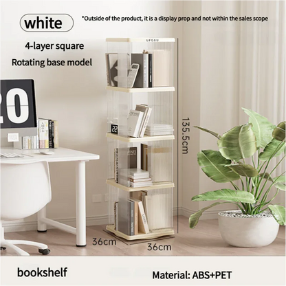 Rotating storage bookshelf square four layers- Cream White Multi-Layer Storage Rack, 36x36x135.5cm (ABS+PET) - Mekamart Australia