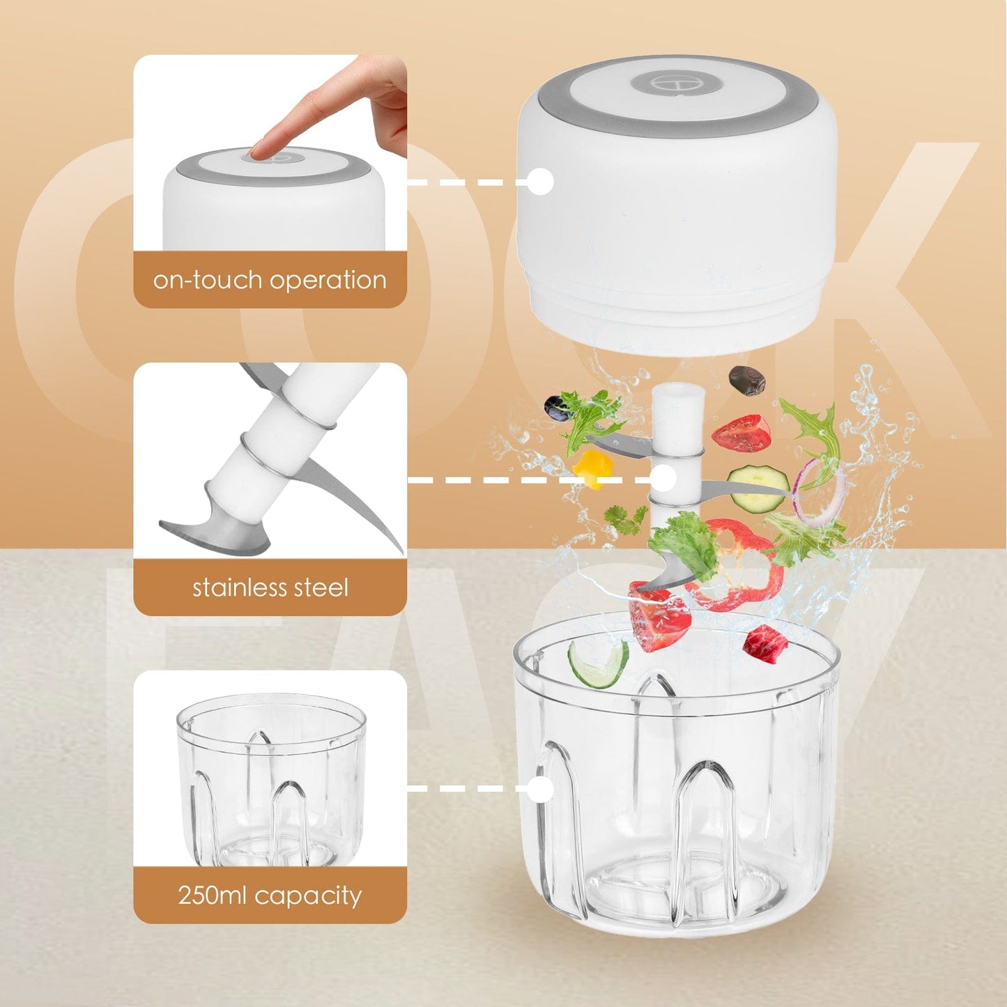 250ml Cordless USB Rechargeable Mini Food Chopper