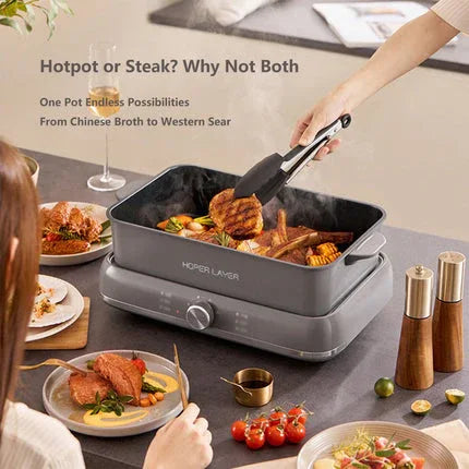 HOPER LAYER Electric Hot Pot 6L – Multifunctional Nonstick Cooker with Grill, Boil, Simmer & Fry Modes 2000W Power, Square Removable Pot - Mekamart Australia