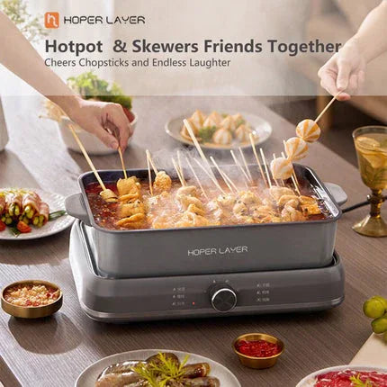 HOPER LAYER Electric Hot Pot 6L – Multifunctional Nonstick Cooker with Grill, Boil, Simmer & Fry Modes 2000W Power, Square Removable Pot - Mekamart Australia