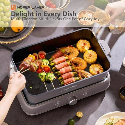 HOPER LAYER Electric Hot Pot 6L – Multifunctional Nonstick Cooker with Grill, Boil, Simmer & Fry Modes 2000W Power, Square Removable Pot - Mekamart Australia