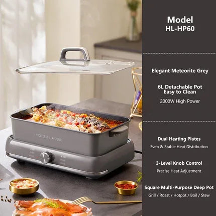 HOPER LAYER Electric Hot Pot 6L – Multifunctional Nonstick Cooker with Grill, Boil, Simmer & Fry Modes 2000W Power, Square Removable Pot - Mekamart Australia