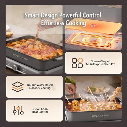 HOPER LAYER Electric Hot Pot 6L – Multifunctional Nonstick Cooker with Grill, Boil, Simmer & Fry Modes 2000W Power, Square Removable Pot - Mekamart Australia