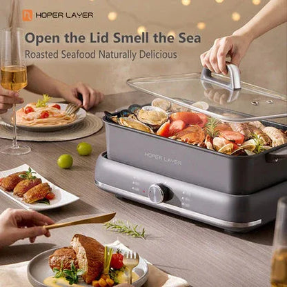 HOPER LAYER Electric Hot Pot 6L – Multifunctional Nonstick Cooker with Grill, Boil, Simmer & Fry Modes 2000W Power, Square Removable Pot - Mekamart Australia