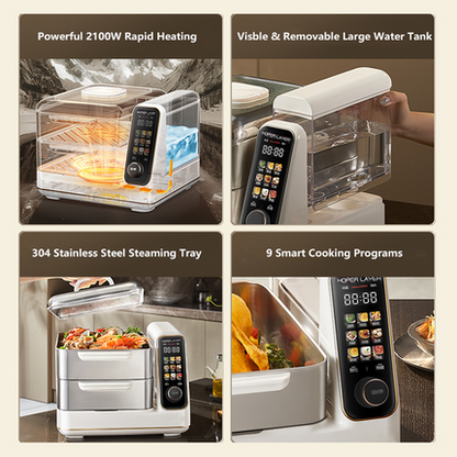 Hoper Layer Electric Food Steamer 16L Large Capacity 10 Second Start 24H Timer Independent Water Tank