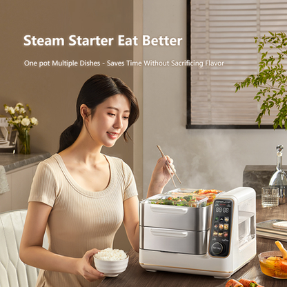 Hoper Layer Electric Food Steamer 16L Large Capacity 10 Second Start 24H Timer Independent Water Tank