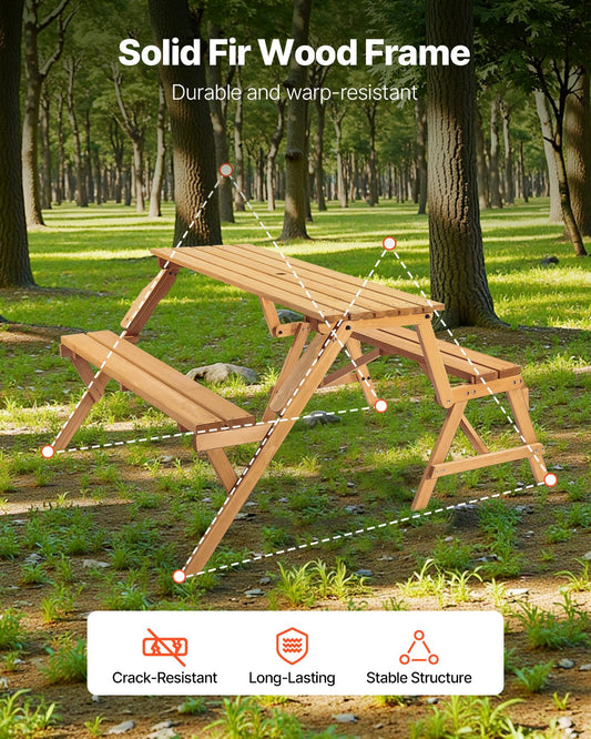 VEVOR 2-in-1 Transforming Interchangeable Picnic Table, Outdoor Wooden Table and Bench Set, Portable Foldable Bench with Umbrella Hole, Patio Dining Furniture for Garden, Backyard, Porch (Brown)