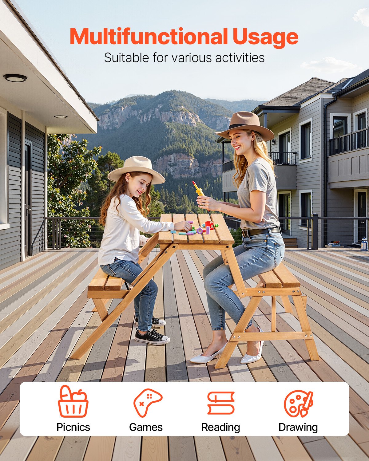 VEVOR 2-in-1 Transforming Interchangeable Picnic Table, Outdoor Wooden Table and Bench Set, Portable Foldable Bench with Umbrella Hole, Patio Dining Furniture for Garden, Backyard, Porch (Brown)