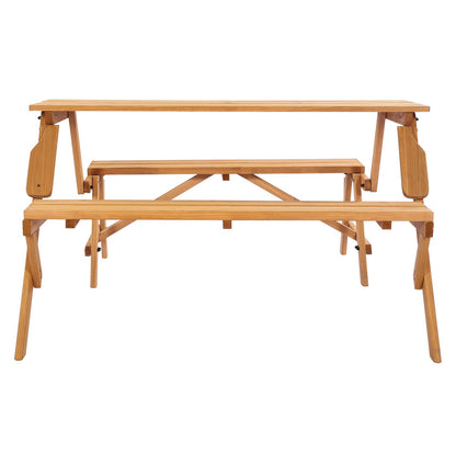 VEVOR 2-in-1 Transforming Interchangeable Picnic Table, Outdoor Wooden Table and Bench Set, Portable Foldable Bench with Umbrella Hole, Patio Dining Furniture for Garden, Backyard, Porch (Brown)