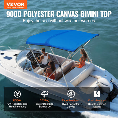 VEVOR 3 Bow Bimini Top Boat Cover, 900D Polyester Canopy with 1" Aluminum Alloy Frame, Waterproof and Sun Shade, Includes Storage Boot, 2 Support Poles, 4 Straps, 6'L x 46"H x 61"-66"W, Pacific Blue